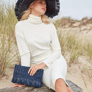 NEW Mar Y Sol Lisette Crocheted Raffia Straw Fringe Clutch Wallet Navy Blue